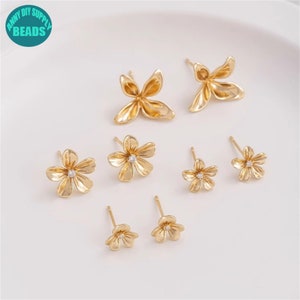 14K Real Gold Plated Brass Earring Stud,Small Flower Earring Stud With Sterling Silver Needle,Big Flower Earring Stud,Flower Earring Post