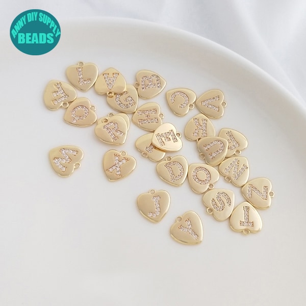 1PC 14K Gold Letter Charm,Name Charm,Gold Letter Charm,Gold Heart Pendant,CZ Letter Pendant