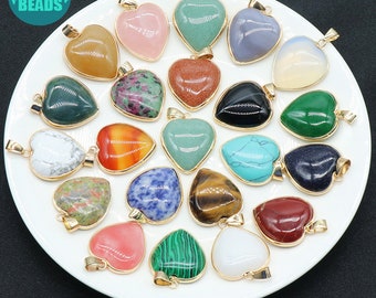 Pendentif coeur en pierres précieuses naturelles de 24 mm, coeur en quartz rose, pendentif améthyste, coeur en cristal, pendentif coeur rose, coeur de pierres précieuses