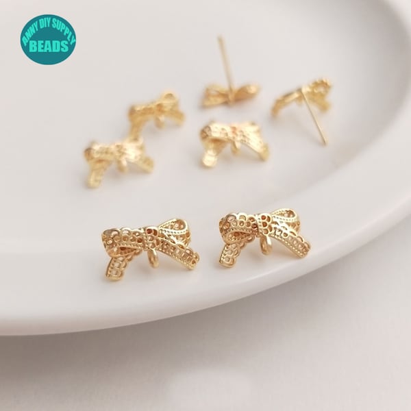 1/5/10/20 pair 14K Real Gold Plated Earring Stud,Gold Bow Earring Stud with sterling silver needle