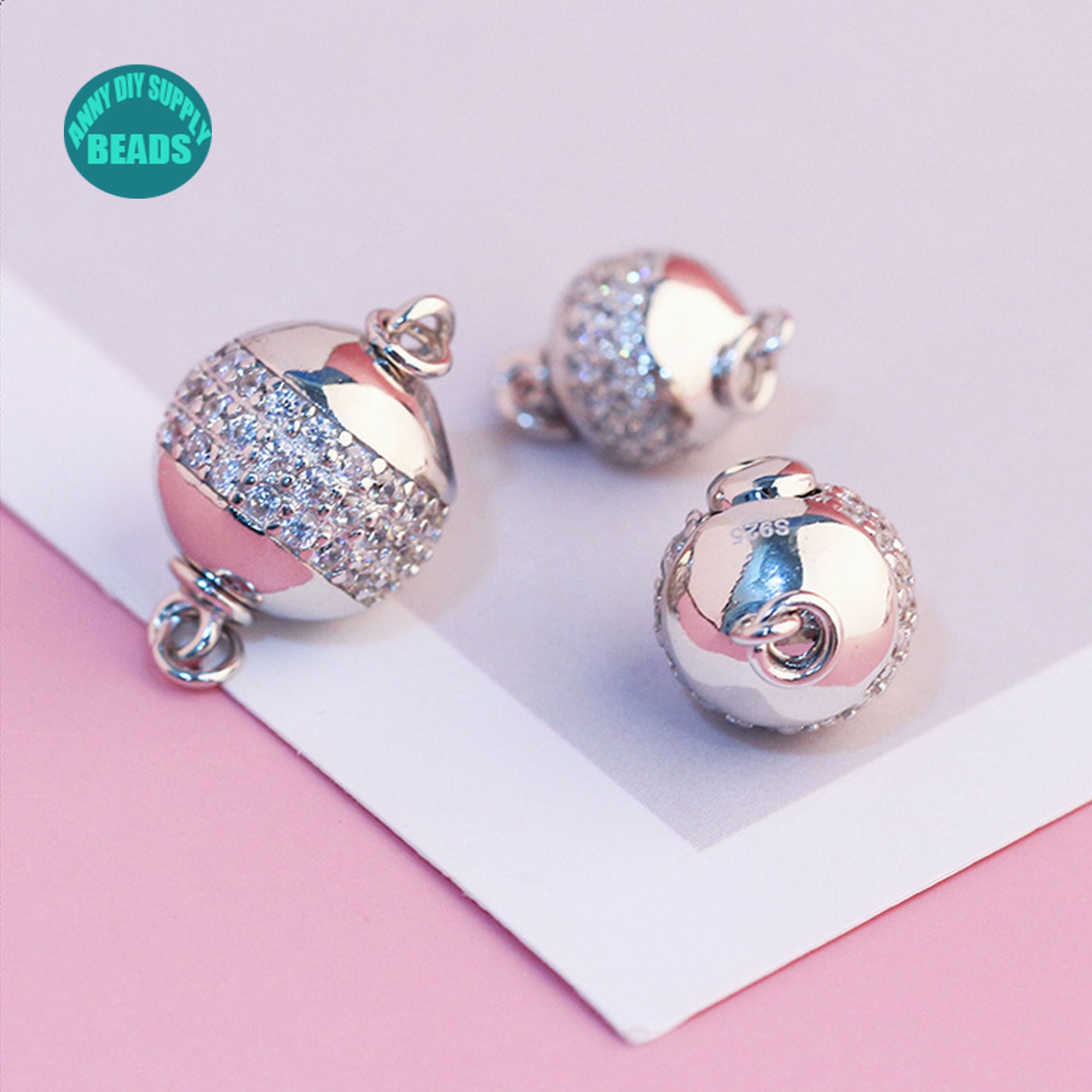 S925 Sterling Silver Box Clasp,Pearl Necklace Clasp,Inlaid with CZ Ball Clasp