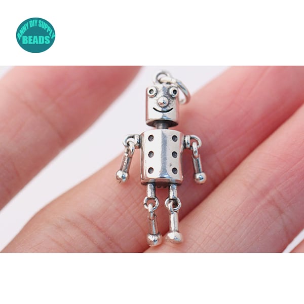 1PC S925 Fine Silver Robot Pendant,Silver Necklace Pendant,Leg&arm can move