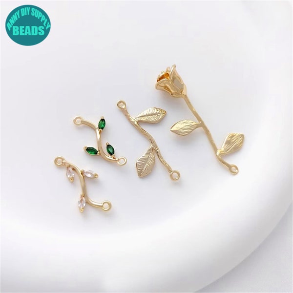 14k Real Gold Plated Brass Leaf Connector,Branch Connector,Necklace Charm,Rose Flower Charm Connector,Earring charm