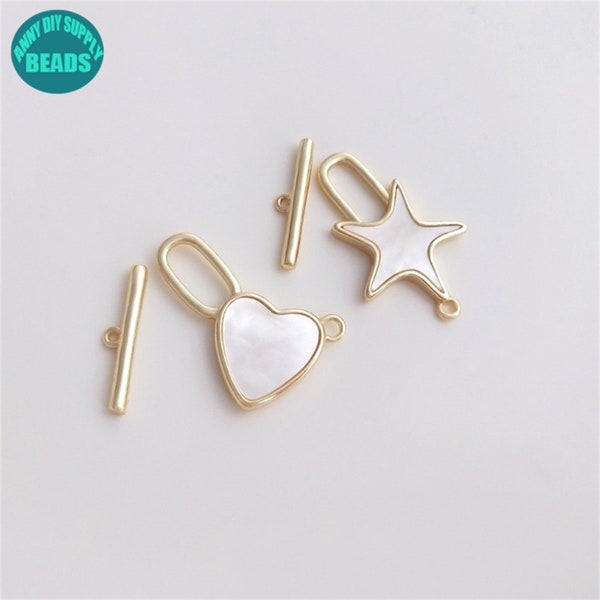 14k Real Gold Plated Brass Toggle Clasp,Heart Ot Clasp,Heart Toggle Clasp,Star Toggle Clasp,White Shell Heart/Star Clasp