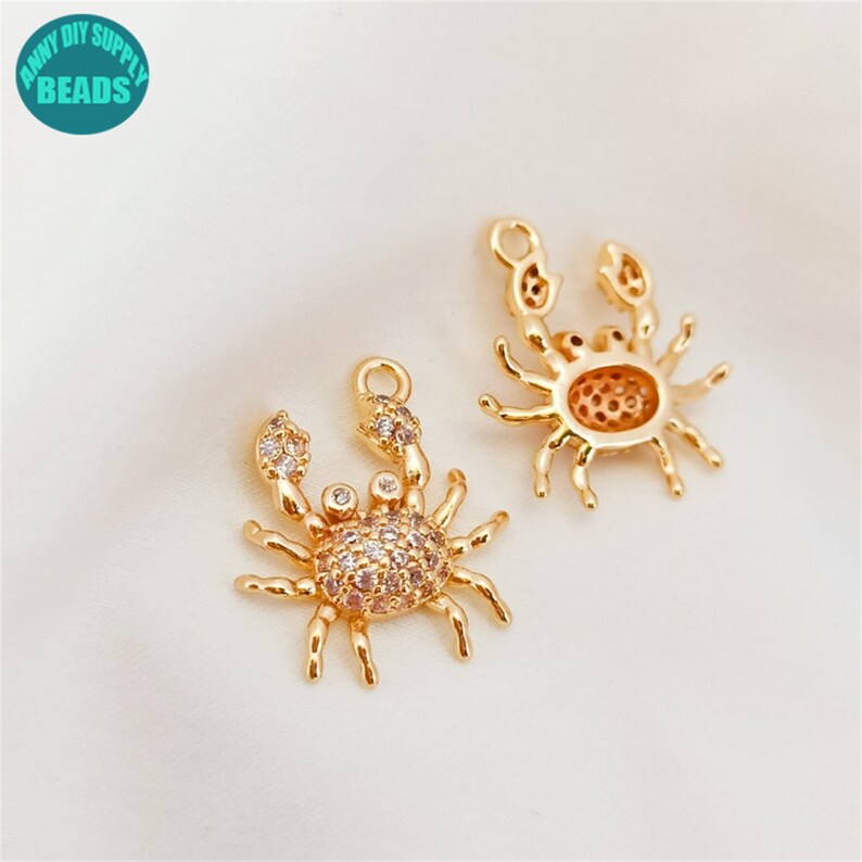14k Real Gold Plated Crab Charm,Cz Paved Animal Charm, DIY Jewelry Pendant Supplies image 2