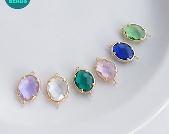 14K Gold Plated Edge Oval Shape Colorful CZ Connector,CZ Charm,Earring Charm Connector,18x11mm