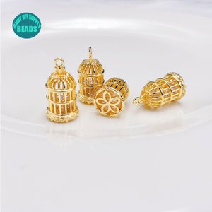 1/2/10/20pcs 14K Gold Plated Bird Cage,With CZ inside,necklace Pendant,Bird Cage Charm image 2