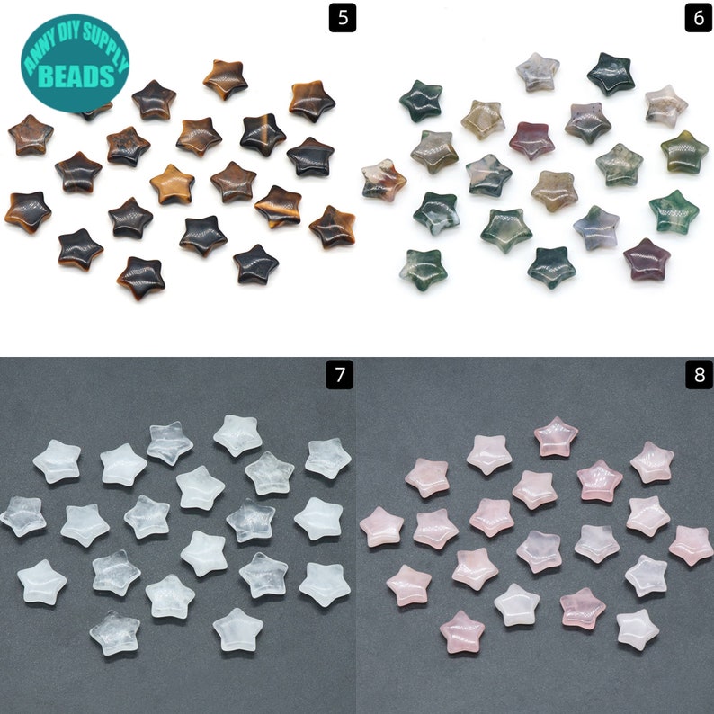 May include: Assortment of 20 star-shaped gemstone beads in four colours: tiger's eye, agate, white, and rose quartz. The beads are approximately 2.5 cm in size.