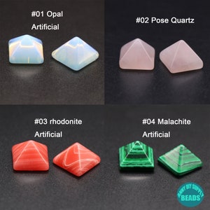May include: Four sets of pyramid-shaped gemstone beads. The beads are in the following colours: opal, rose quartz, rhodonite, and malachite. Each set has two beads.