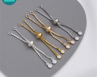Chaîne coulissante réglable en laiton plaqué or 14 carats de 6 cm, chaîne d'extension de bracelet, chaîne de rallonge avec perles de butée en caoutchouc