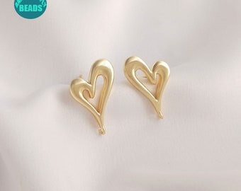 14K Real Gold Plated Brass Earring Stud with Loop,Heart ears Earring Stud,Earring Stud with sterling silver needle,earring making supply