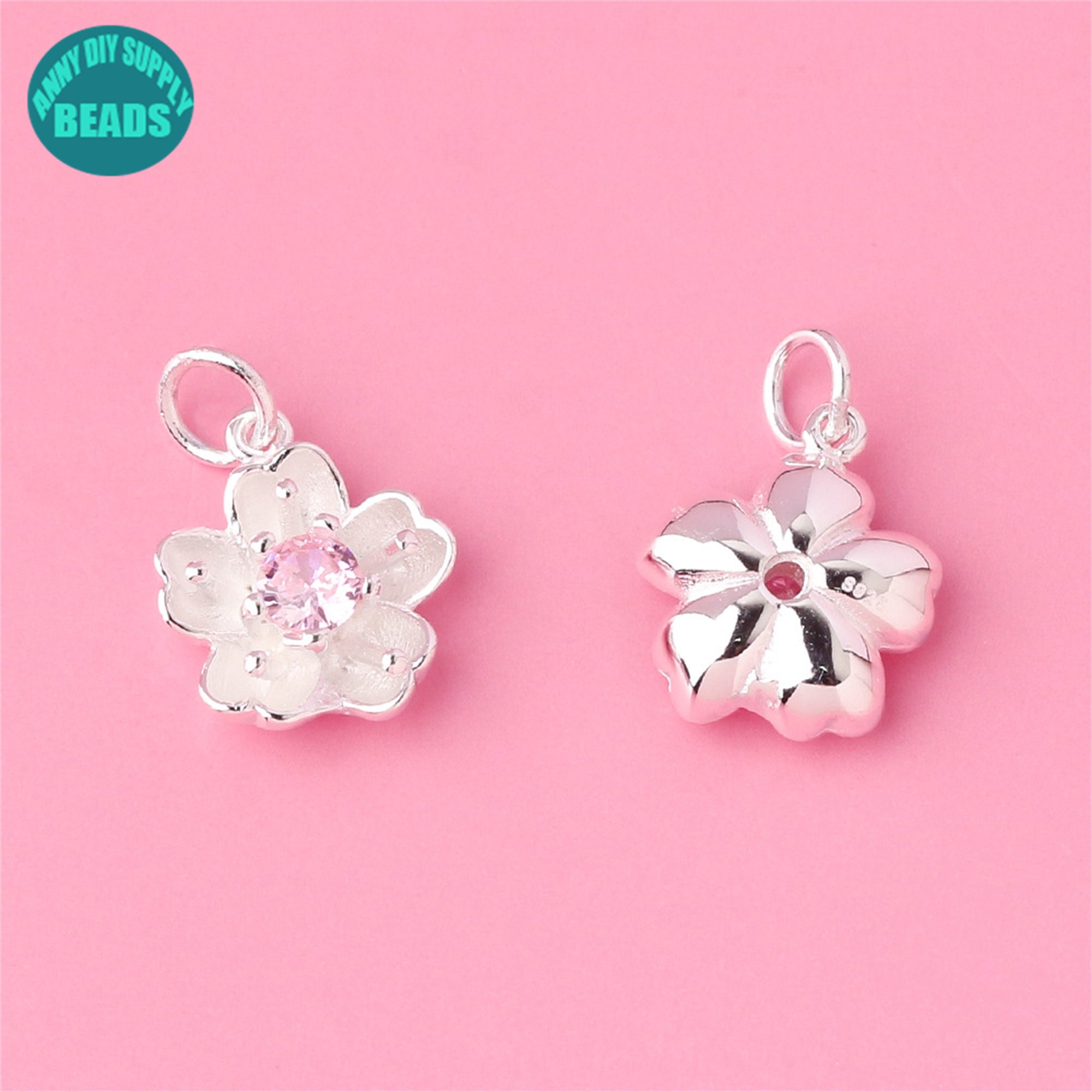 S925 Sterling Silver Flower Charm,pink Cz Sakura Flower