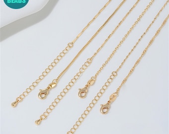 Cadena de collar chapada en oro de 14 quilates, cadena de collar de oro, cadena en forma de O, cadena de caja, cadena con extensiones, suministros para la fabricación de joyas DIY