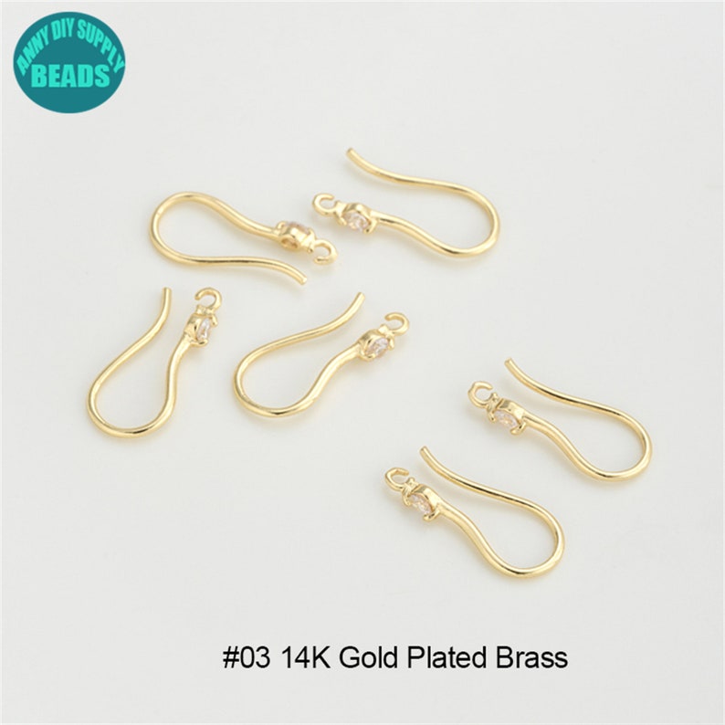 14K Gold Plated Brass Earring Hooks,Gold Plated Ear Hook,French Hooks,Ear wire hooks with CZ,CZ Earring Hook #03 14K Gold Plated