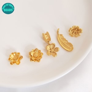 18K Real Gold Plated brass beads,Gold Lotus beads,Gold Feather,Flower Charm,Flower Button Clasp