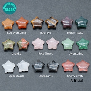May include: Assortment of 10 star-shaped gemstone beads in various colours, including red aventurine, tiger eye, Indian agate, unakite, rose quartz, aventurine, clear quartz, labradorite, and cherry crystal. The beads are arranged in three rows of two, with the text "ANY DIY SUPPLY BEADS" in the top left corner and "Artificial" in the bottom right corner.