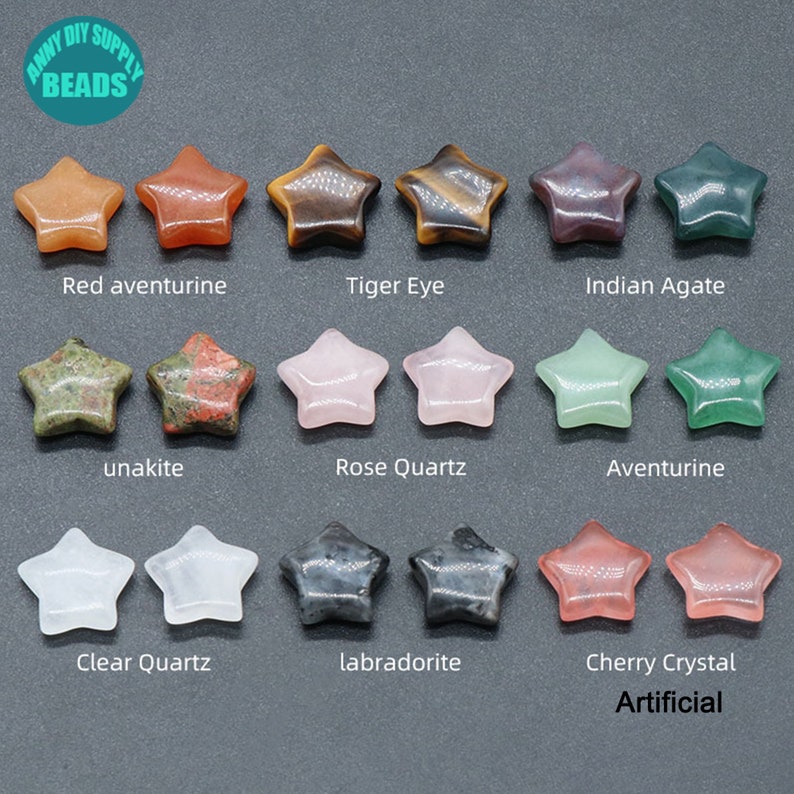 May include: Assortment of 10 star-shaped gemstone beads in various colours, including red aventurine, tiger eye, Indian agate, unakite, rose quartz, aventurine, clear quartz, labradorite, and cherry crystal. The beads are arranged in three rows of two, with the text "ANY DIY SUPPLY BEADS" in the top left corner and "Artificial" in the bottom right corner.