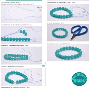 May include: A step-by-step guide on how to make a turquoise beaded bracelet. The image shows the process of stringing the beads, tying knots, and finishing the bracelet. The final image shows the completed bracelet.