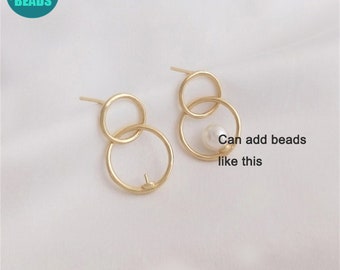 14k Gold Plated Brass 2 Circle Earring Stud,Circle Earring Stud With S925 Sterling Silver Needle,Handmade Earrings Supply,Circle Earring