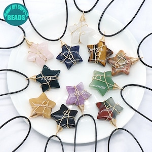 30mm Natural Wire Wrapped Gemstone Star Pendant,Rose Quartz Star Charm,Gemstone Necklace,Star Jewelry,Star Necklace