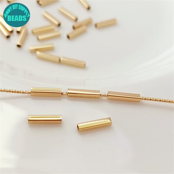 Perles de tube cubique droites en laiton plaqué or 14 carats, perles de tube d’or, perles de tube minces