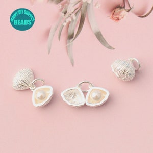 S925 Sterling Silver shell and pearl pendant charm,Tiny Charm,Silver Shell Charm