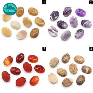 May include: Assortment of oval-shaped cabochon gemstones in various colors, including yellow, purple, and red. The stones are arranged in four groups, labeled 1 through 4.