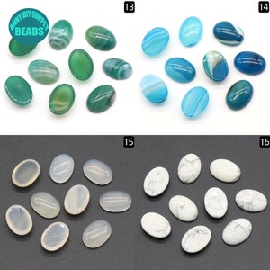 May include: Assortment of oval-shaped cabochons in green, blue, and white colors. The cabochons are arranged in rows, with 13 green, 14 blue, 15 white, and 16 white cabochons.