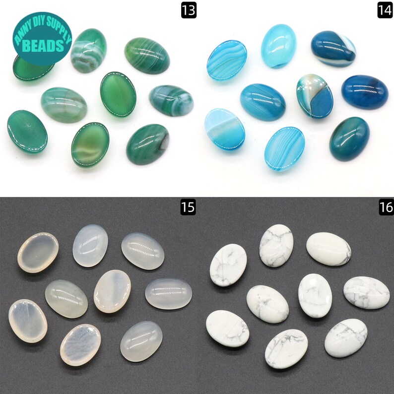 May include: Assortment of oval-shaped cabochons in green, blue, and white colors. The cabochons are arranged in rows, with 13 green, 14 blue, 15 white, and 16 white cabochons.