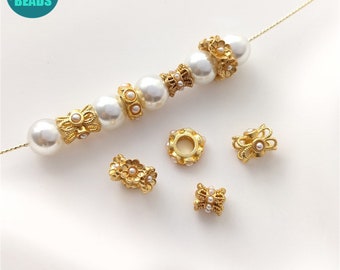 18k Matt Vergoldete Perlenkappen,Doppelte Blumen Perlenkappen,Gold Spacer,Metallperlenspacer,Fake Pearl Rondelle Perlen,Großloch Perlen