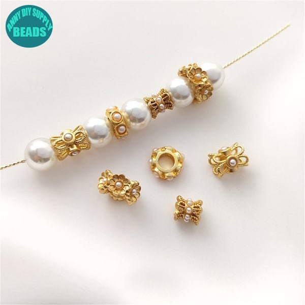 18k Matt Gold Plated Bead Caps, Double Flower Bead Caps, Gold Spacers, Metal Bead Spacers, Fake Pearl Rondelle perles, Perles à grand trou