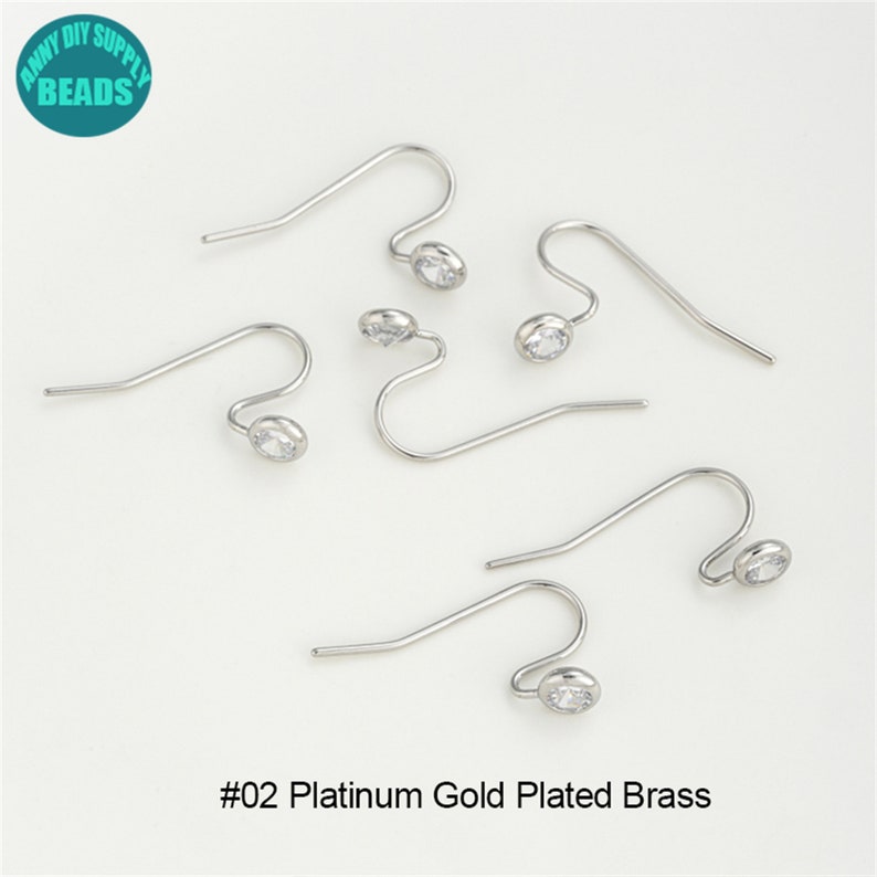 14K Gold Plated Brass Earring Hooks,Gold Plated Ear Hook,French Hooks,Ear wire hooks with CZ,CZ Earring Hook #02 Platinum Plated