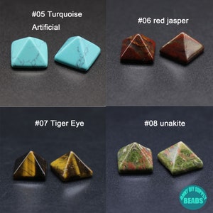 May include: Four pairs of pyramid-shaped gemstone beads. The beads are turquoise, red jasper, tiger eye, and unakite. The beads are arranged in pairs on a white background.