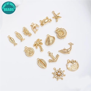 14k Gold Plated Ocean Charm Set,ocean charms,Fish charms,Sea horse Charm,bracelet charm,conch Charm,Starfish Charm,Dolphin Charm