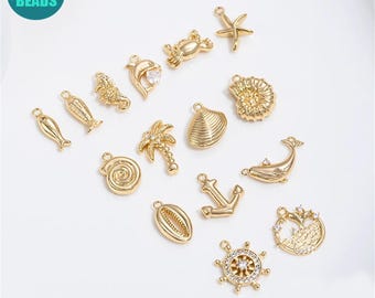 14k Gold Plated Ocean Charm Set,ocean charms,Fish charms,Sea horse Charm,bracelet charm,conch Charm,Starfish Charm,Dolphin Charm