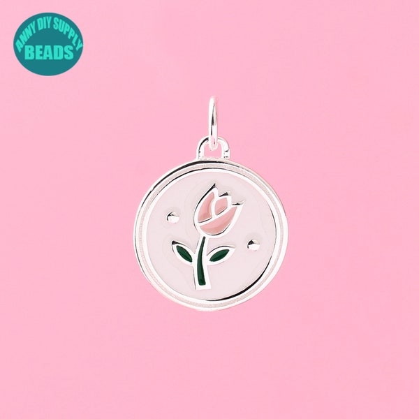 14mm S925 Sterling Silver Oil Driped Flower Charm,Tulip Flower Charm,Necklace Pendant