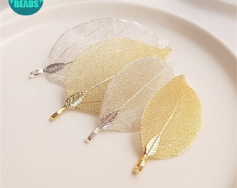 Colgante de hoja real chapado en oro de 14 k, colgante para collar, colgante para aretes, accesorios de joyería con forma de hoja.