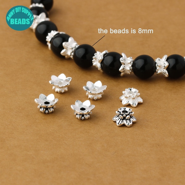 8mm S925 Solid Sterling Silver Bead Caps,Double Lotus Bead Caps,Flower Bead Caps,Silver Bead Caps,Metal Bead Caps