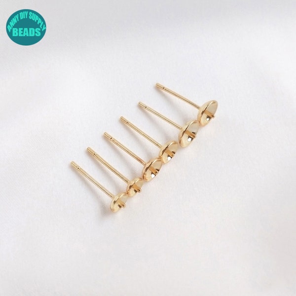 4/5/6mm 14K Real Gold Plated Brass Earring Posts,Earring post With Cups,Pearl Cup and Peg Ear Post,Earring stud support