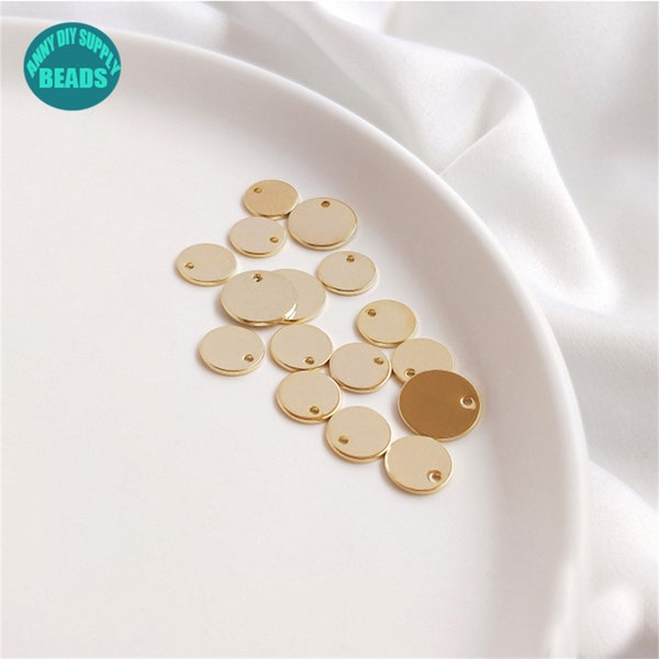 8mm 10mm 14K Light Gold Plated Brass Plain Round Mirror Coin Charm, Tag Charm Pendentif