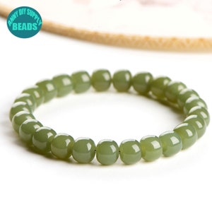 Genuine Natural Green Qinghai Hetian Jade Beaded Bracelet,Drum Beads bracelet, Gift for Mum,Dark Green Jade Beads