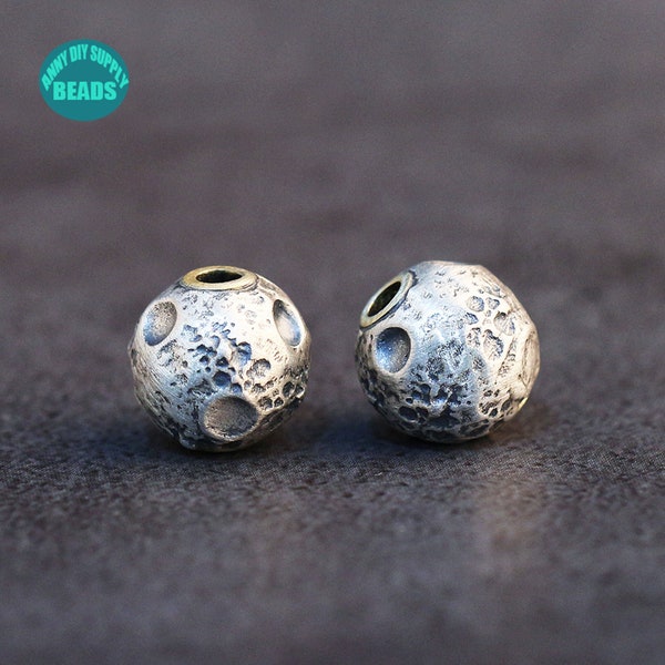 Perles de lune en argent sterling massif S925, perles de boule de lune avec cratère, 11 mm