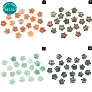 May include: Four sets of star-shaped gemstone beads. The first set is orange, the second is red and green, the third is green, and the fourth is black. Each set contains 20 beads.