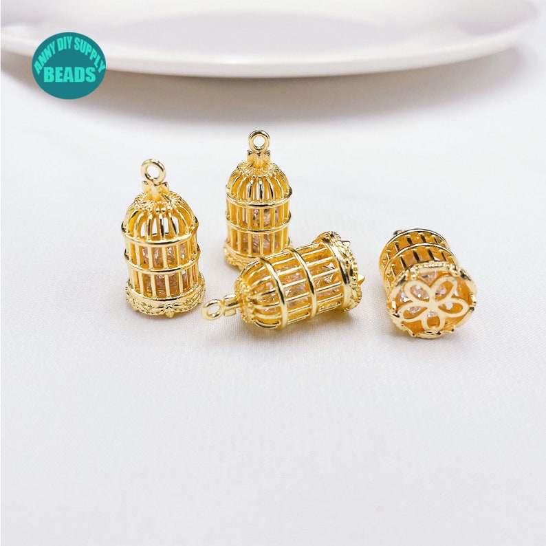 1/2/10/20pcs 14K Gold Plated Bird Cage,With CZ inside,necklace Pendant,Bird Cage Charm image 1