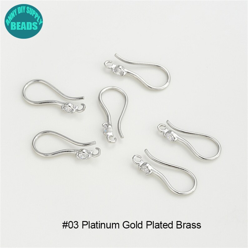 14K Gold Plated Brass Earring Hooks,Gold Plated Ear Hook,French Hooks,Ear wire hooks with CZ,CZ Earring Hook #03 Platinum Plated