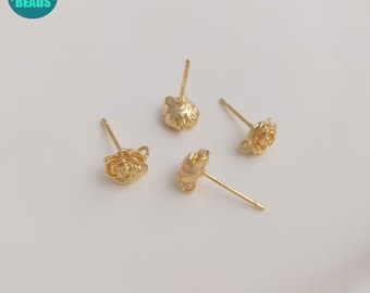 14K Real Gold Plated Brass Earring Stud,Rose Earring Stud With Loop,Earring Stud with sterling Silver Needle