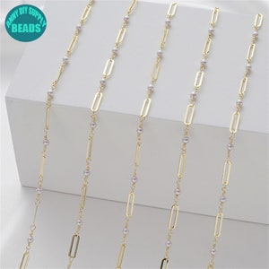 14k Gold Plated Brass Paperclip Chain,Hand made Chain,Gold Plated Chain,gold paperclip chain,Plastic Pearl Chain