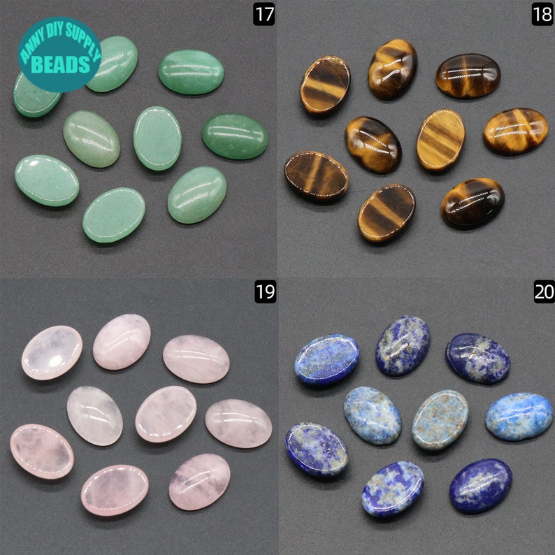 May include: Assortment of oval-shaped gemstone cabochons in various colors, including green, brown, pink, and blue. The stones are arranged in four groups, labeled 17, 18, 19, and 20.