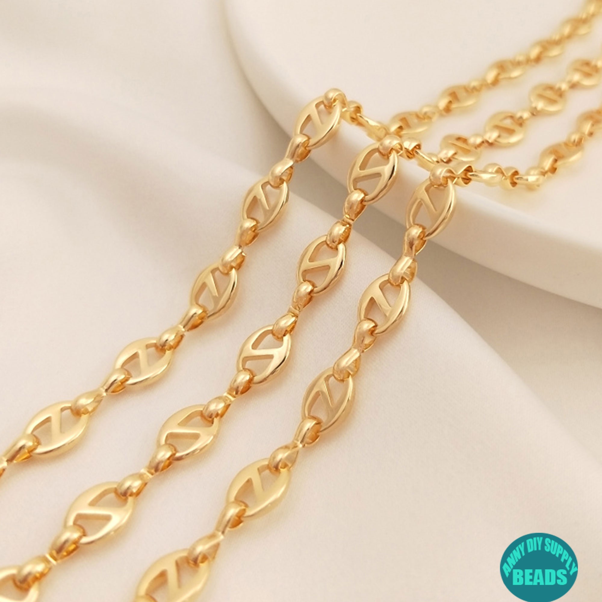 Real 18K Plated Gold Chain For Jewelry Making O Link Rolo Cable Pearl Beads  Chain Heart Cross Chain DIY Necklace 50CM/100CM