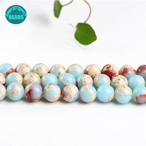 Perles rondes lisses de jaspe de sédiments marins, alias jaspe de peau de serpent, jaspe Aqua Terra, perles de pierres précieuses à brin complet